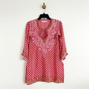 Amaya 100% Silk Pink/Red Embroidered Tunic Dress Size 36 (XS)
